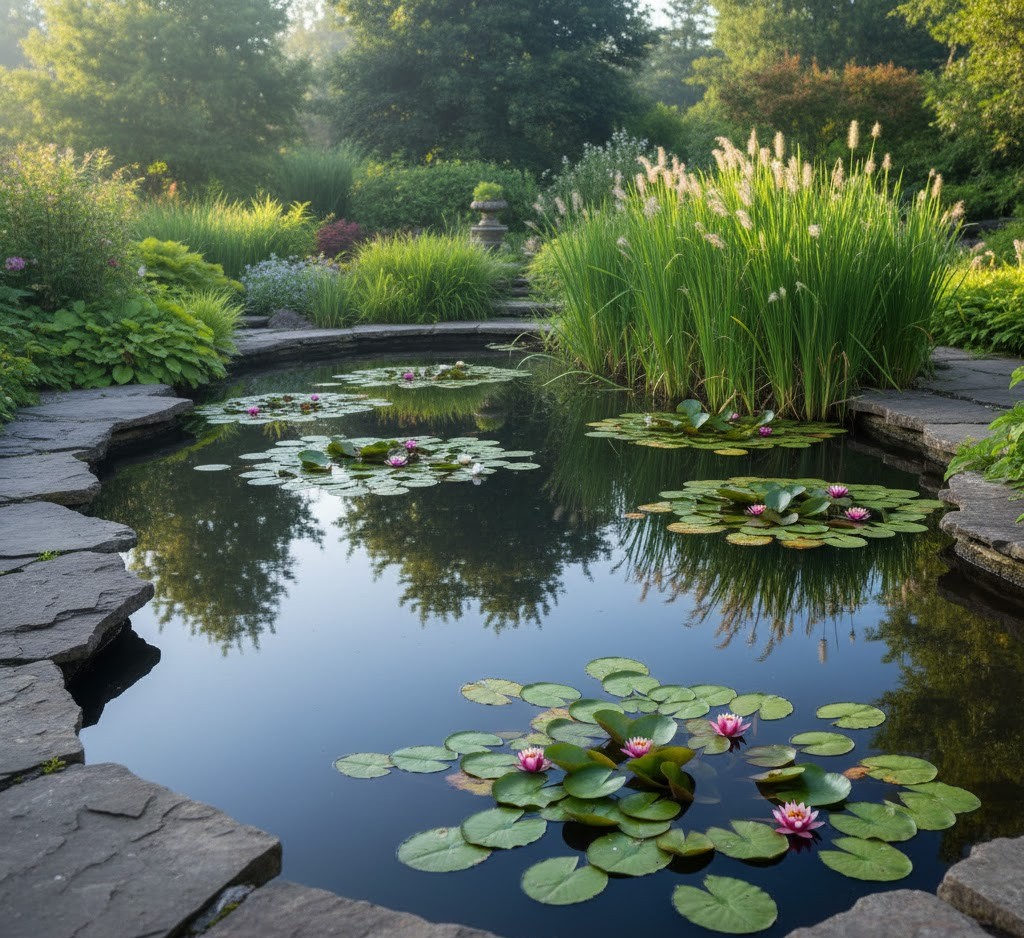 Natural pond with aquatic plants