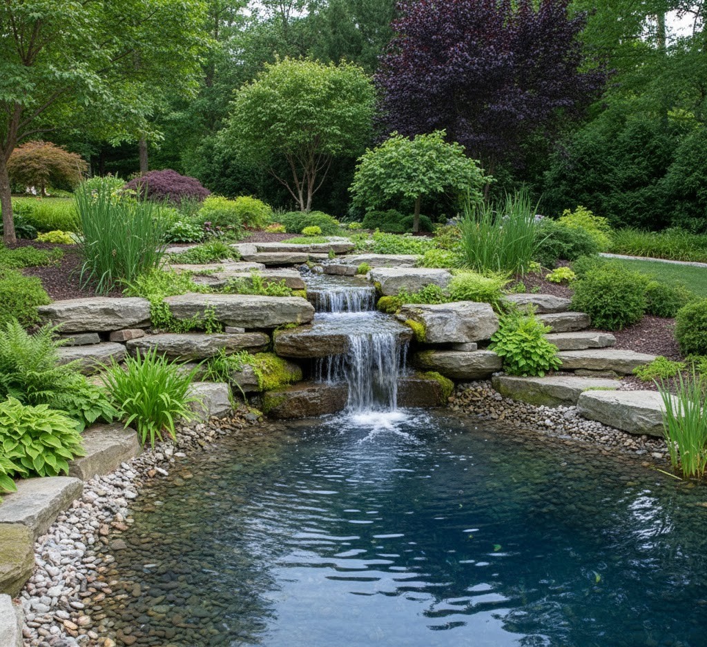Landscape pond with waterfall