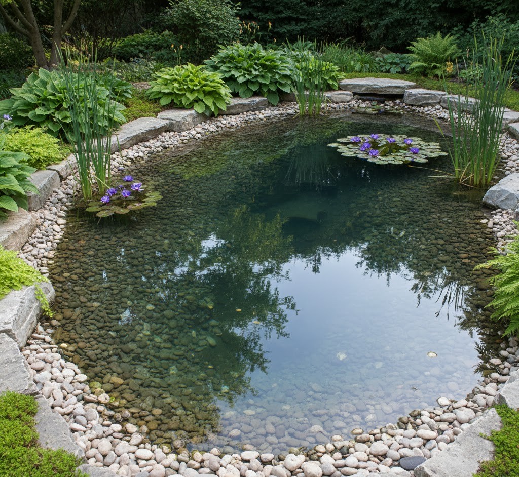 Garden pond with stone edging